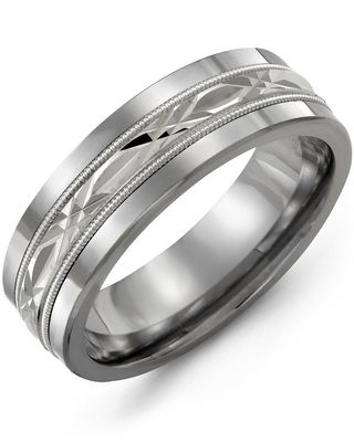 Madani Tungsten &amp; 10k White Classic Milgrain Gold Ring 9mm