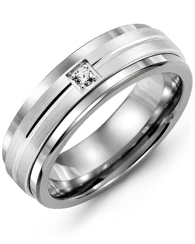 Madani Tungsten &amp; 10k White Gold Carved Line 0.05ct Diamond Ring 7mm