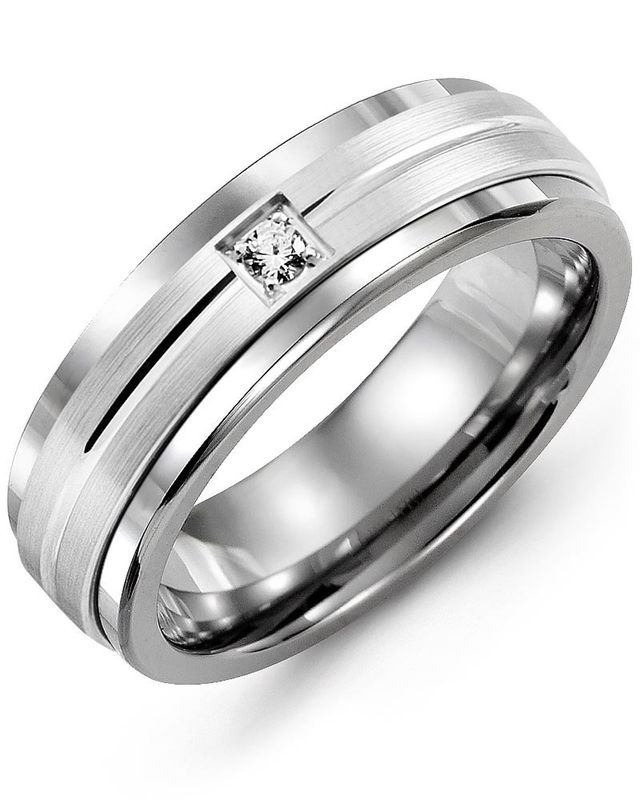 Madani Tungsten &amp; 10k White Gold Carved Line 0.05ct Diamond Ring 7mm