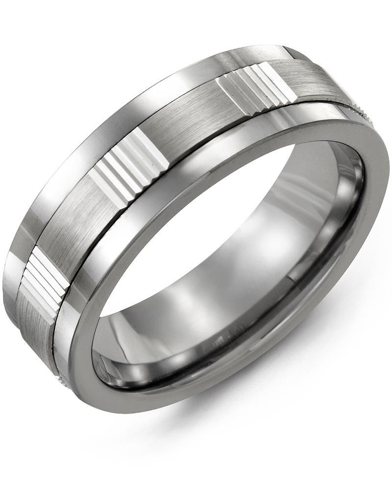 Madani Tungsten &amp; 10k White Gold Vertical Grooves Ring 7mm