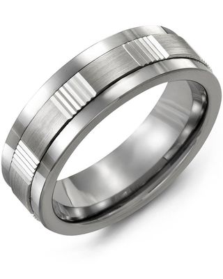 Madani Tungsten &amp; 10k White Gold Vertical Grooves Ring 7mm
