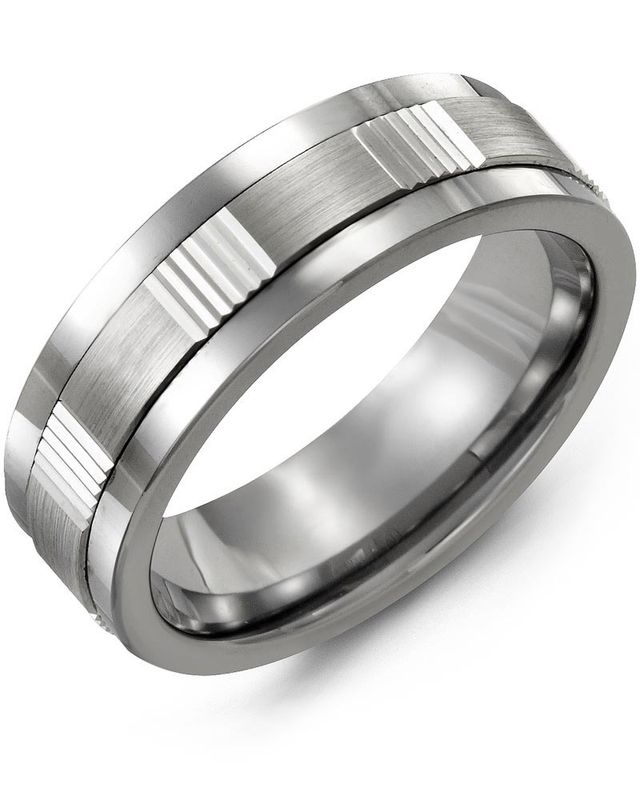 Madani Tungsten &amp; 10k White Gold Vertical Grooves Ring 7mm