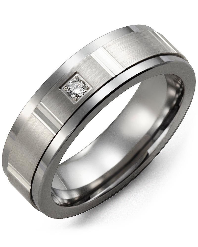 Madani Tungsten &amp; 10k White Gold Grooved Diamond 0.05ct Ring 9 mm