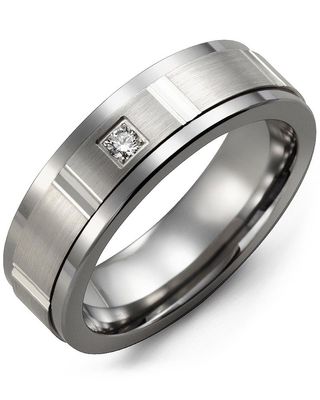 Madani Tungsten &amp; 10k White Gold Grooved Diamond 0.05ct Ring 9 mm