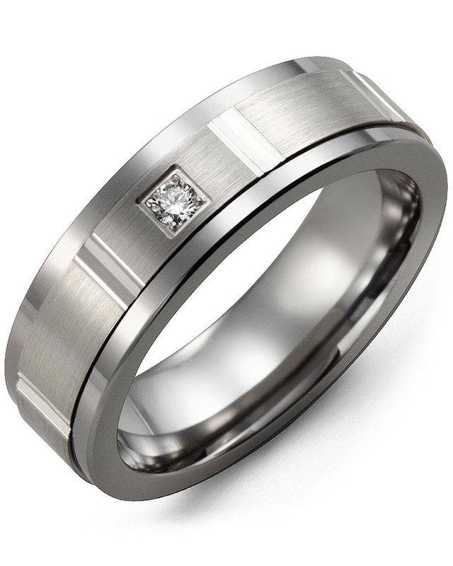 Madani Tungsten &amp; 10k White Gold Grooved Diamond 0.05ct Ring 9 mm