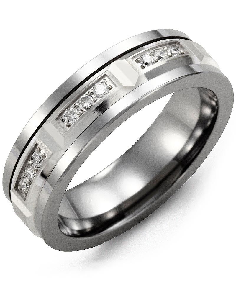 Madani Tungsten &amp; 10k White Gold Bevelled Trio Diamond 0.06ct Ring 7mm
