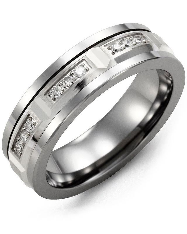 Madani Tungsten &amp; 10k White Gold Bevelled Trio Diamond 0.06ct Ring 7mm