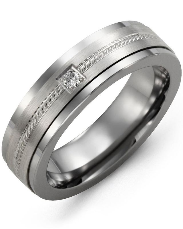 Madani Tungsten &amp; 10k White Gold 0.02ct Rope Design Ring 7mm
