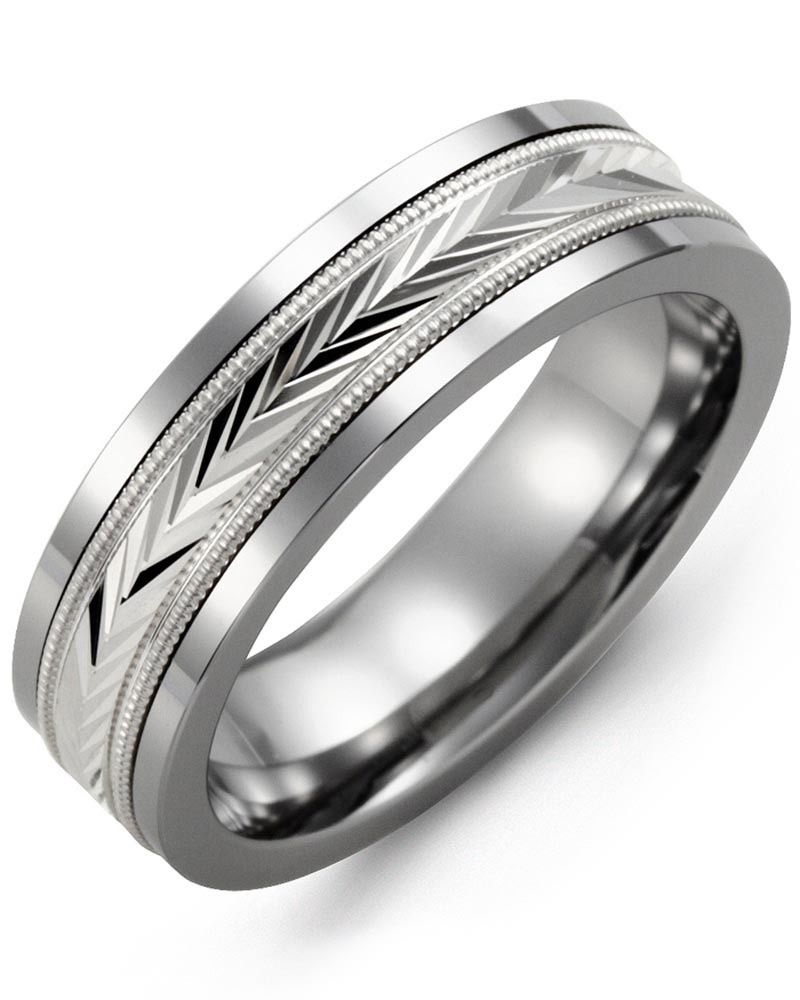 Madani Tungsten &amp; 10k White Gold  Diamond V-Cut Pattern Ring 7 mm