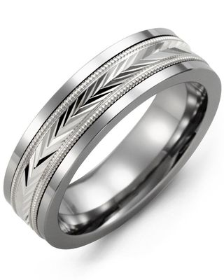 Madani Tungsten &amp; 10k White Gold  Diamond V-Cut Pattern Ring 7 mm