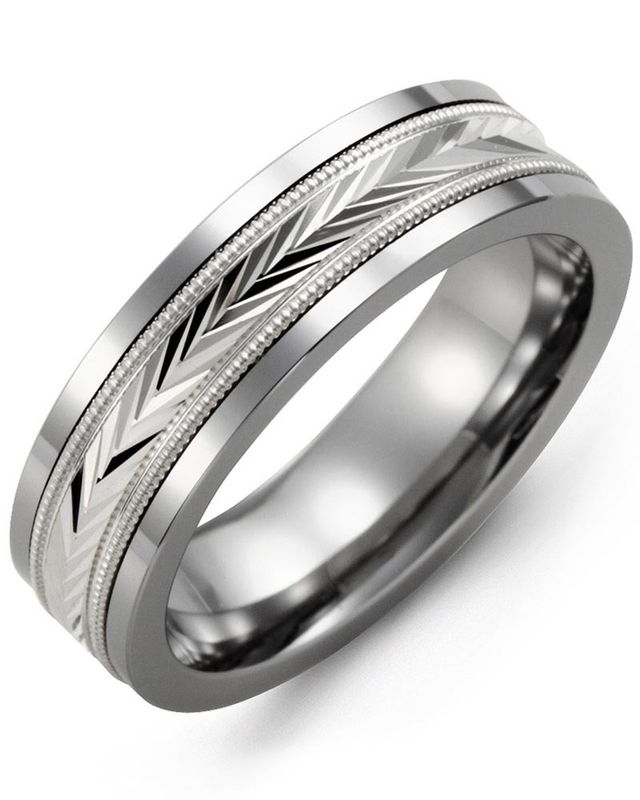Madani Tungsten &amp; 10k White Gold  Diamond V-Cut Pattern Ring 7 mm