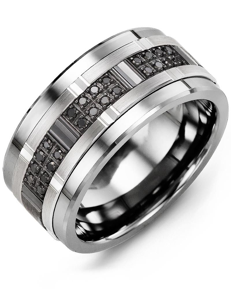 Madani Tungsten &amp; 10k White/Black Gold Wide 0.24ct Ring 11mm