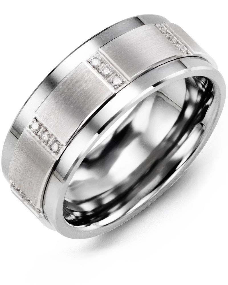 Madani Tungsten &amp; 10k White Gold Vertical Trio Diamond 0.12ct Ring 9mm