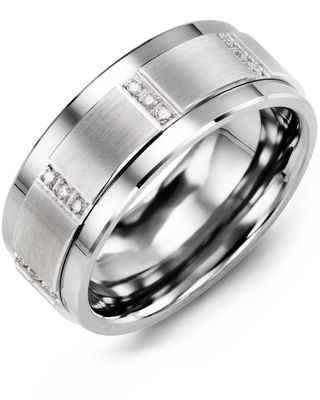 Madani Tungsten &amp; 10k White Gold Vertical Trio Diamond 0.12ct Ring 9mm
