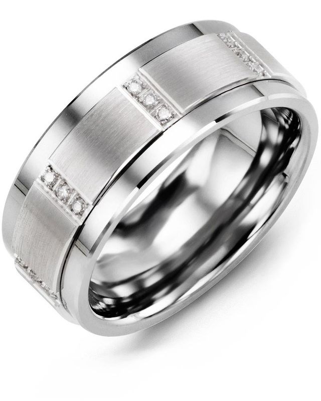 Madani Tungsten &amp; 10k White Gold Vertical Trio Diamond 0.12ct Ring 9mm