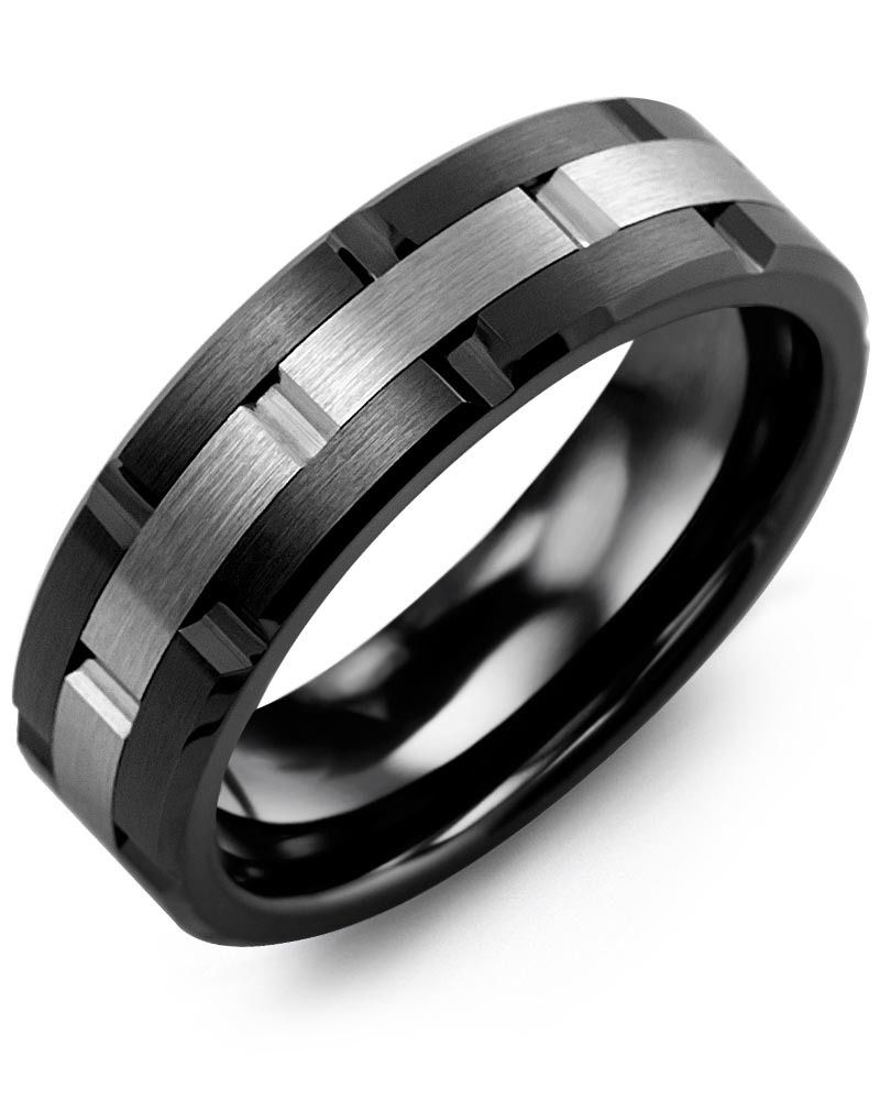 Madani Black Ceramic Grooved &amp; Tungsten Ring 7mm