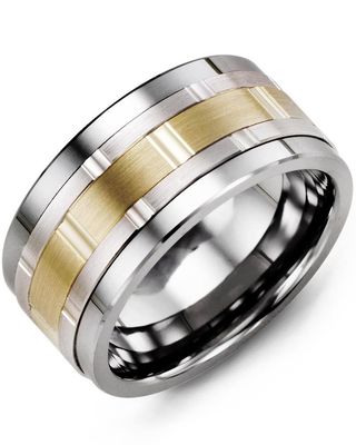 Madani Tungsten &amp; 10k White Gold Wide Vertical Cut Ring 11 mm