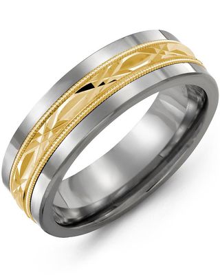Madani Tungsten &amp; 10k White Classic Milgrain Gold Ring 9mm