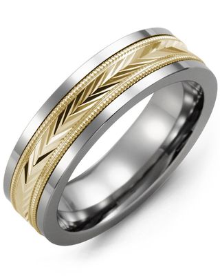 Madani Tungsten &amp; 10k White Gold  Diamond V-Cut Pattern Ring 7 mm