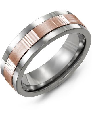 Madani Tungsten &amp; 10k White Gold Vertical Grooves Ring 7mm