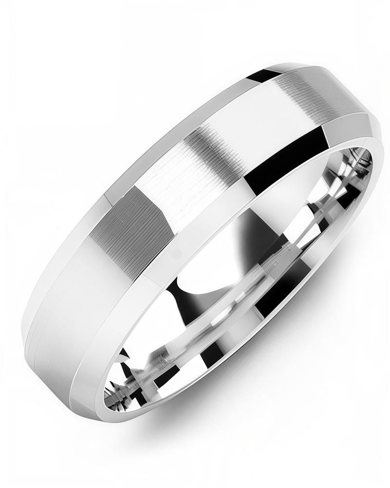 Madani Gold Brush Center Bevelled Edges Ring 10K White 7mm