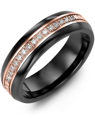 Madani Black Ceramic &amp; 10K Rose Gold Diamond Ring  6.5mm 0.21ct
