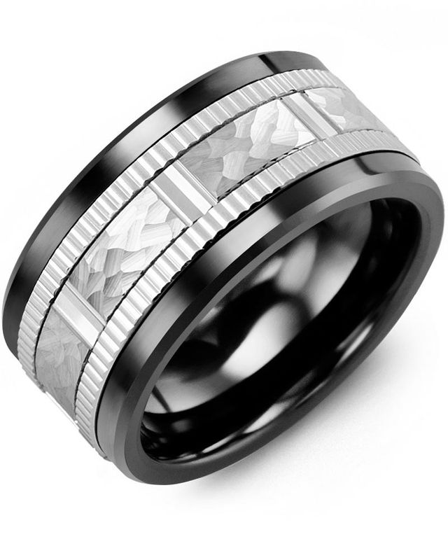 Madani Black Ceramic &amp; 10K White Gold Hammer Design Eternity Edges Ring 11mm