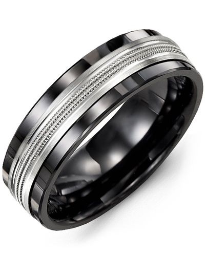 Madani Black Ceramic &amp; 10K White Gold Ring 7mm