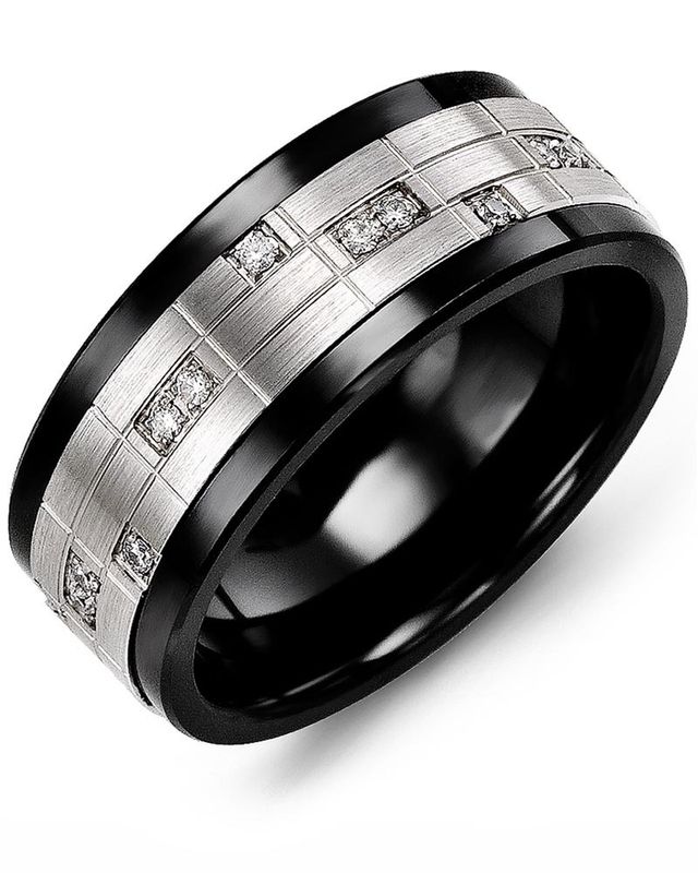 Madani Black Ceramic &amp; 10K White Gold Ring 9mm 0.14ct