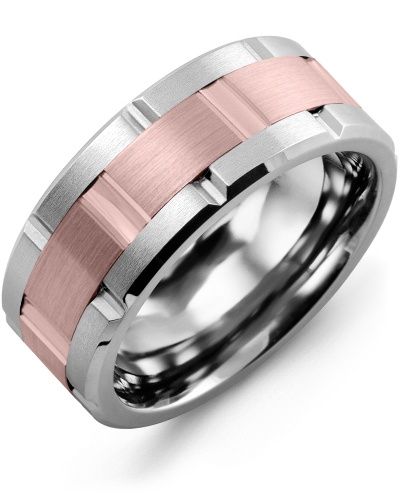 Madani Tungsten &amp; 10k Rose Gold Grooved Ring 9mm