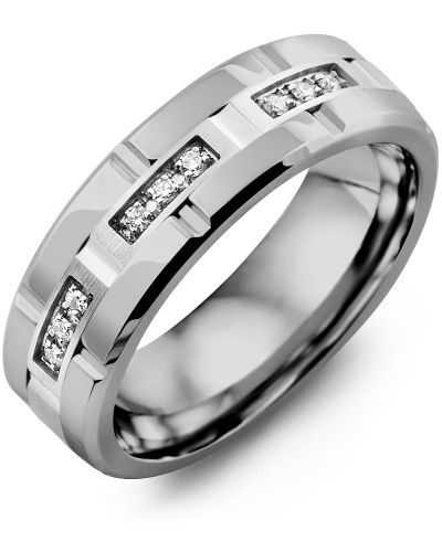 Madani Tungsten &amp; 10K White Gold Grooved Diamond Ring 7mm 0.09ct