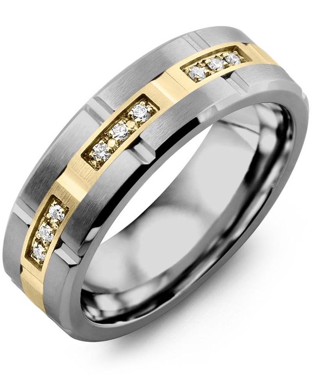 Madani Tungsten &amp; 10K White Gold Grooved Diamond Ring 7mm 0.09ct