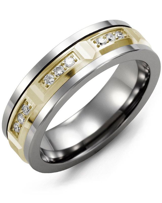 Madani Tungsten &amp; 10K White Gold Bevelled Trio Diamond Ring 7mm 0.06ct