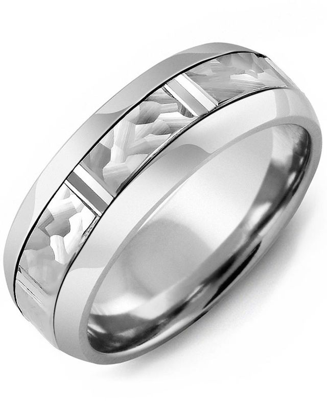 Madani Tungsten &amp; 10K White Gold Hammer Diamond Cut Ring 8.5mm