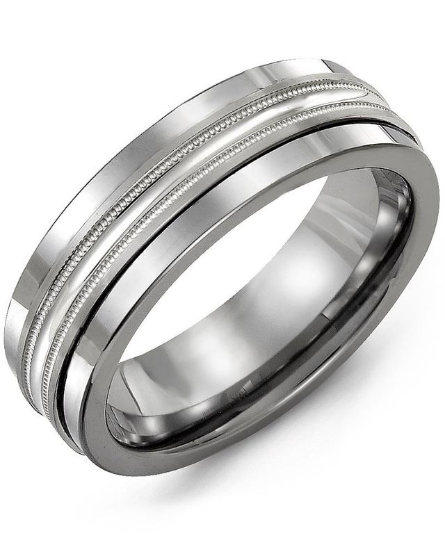 Madani Tungsten &amp; 10K White Gold Milgrain Center Ring 7mm
