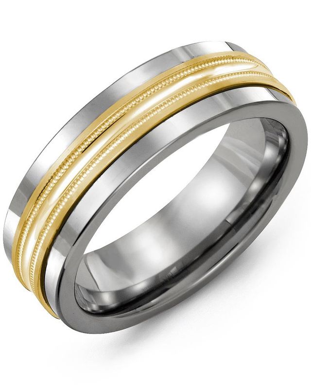 Madani Tungsten &amp; 10K White Gold Milgrain Center Ring 7mm