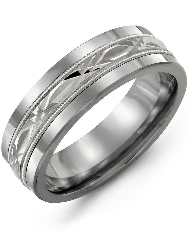 Madani Tungsten &amp; 10K White Classic Milgrain Gold Ring 9mm