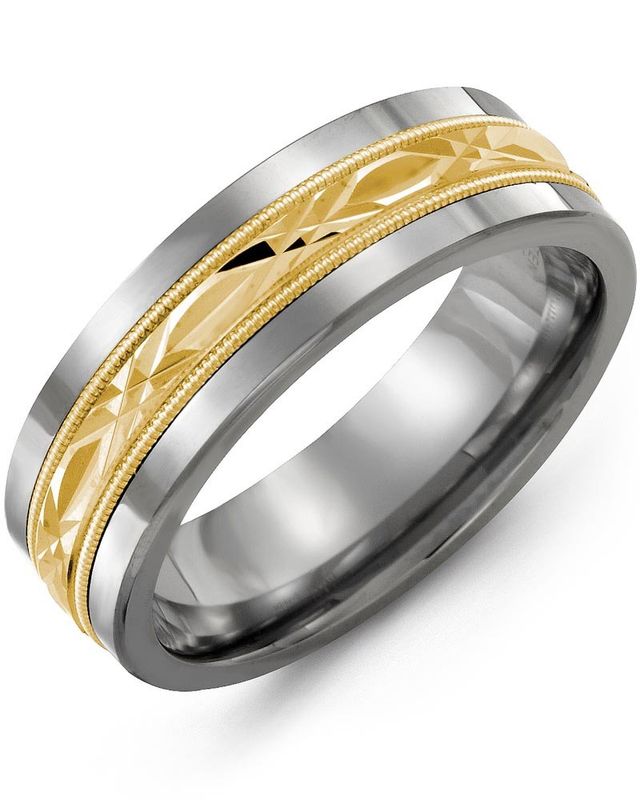 Madani Tungsten &amp; 10K White Classic Milgrain Gold Ring 9mm