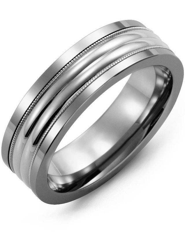Madani Tungsten &amp; 10K White Gold Two-Line Milgrain Ring 11mm