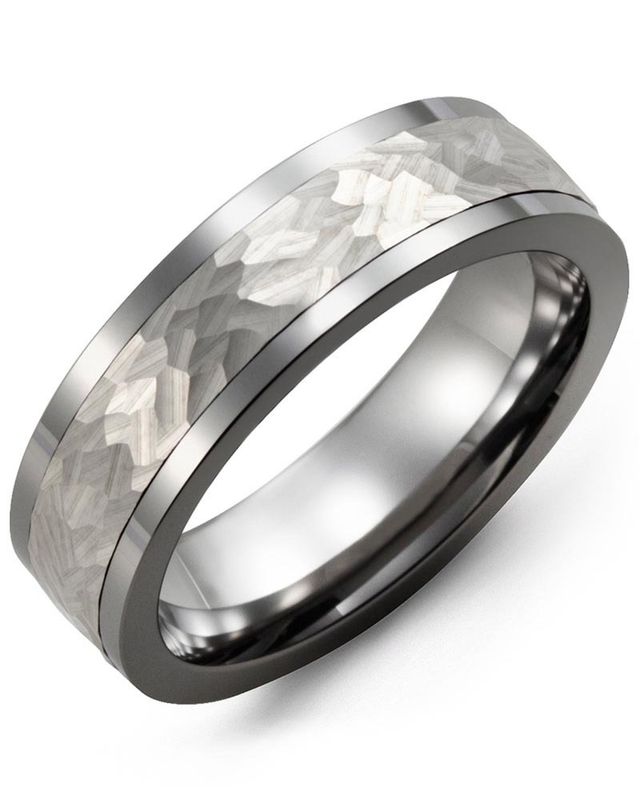 Madani Tungsten &amp; 10K Yellow Gold Hammer Effect Ring 7mm