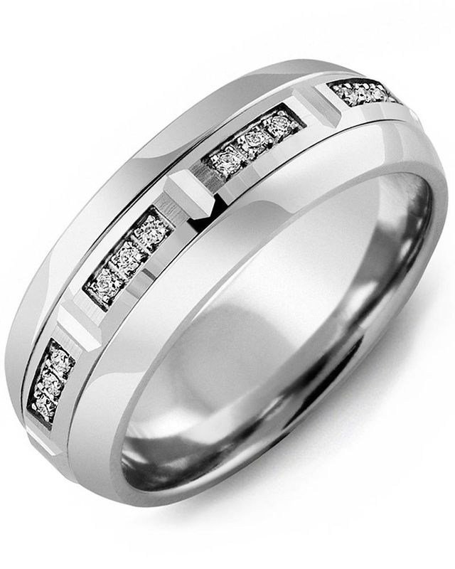 Madani Tungsten &amp; 10K White Gold Bevelled Diamond Ring 6.5mm 0.09ct