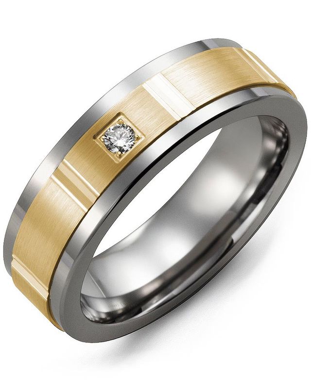 Madani Tungsten &amp; 10K White Gold Grooved Diamond Ring 9 mm 0.05ct