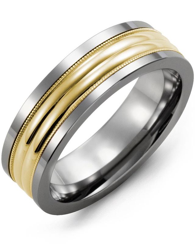 Madani Tungsten &amp; 10K White Gold Two-Line Milgrain Ring 11mm