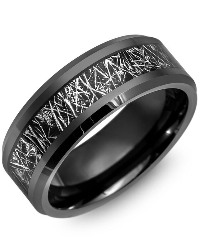 Madani Black Ceramic Bevelled &amp; Meteorite Ring 8mm