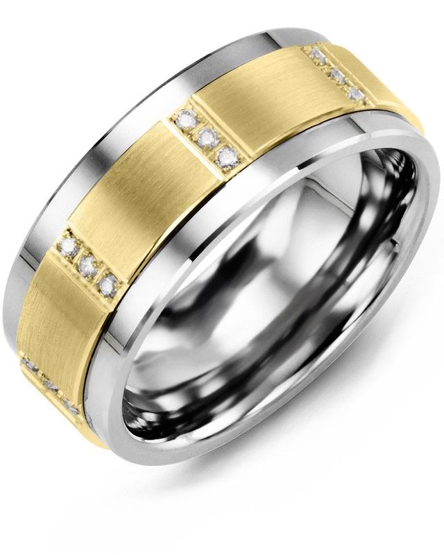 Madani Tungsten &amp; 10K White Gold Vertical Trio Diamond Ring 9mm 0.12ct