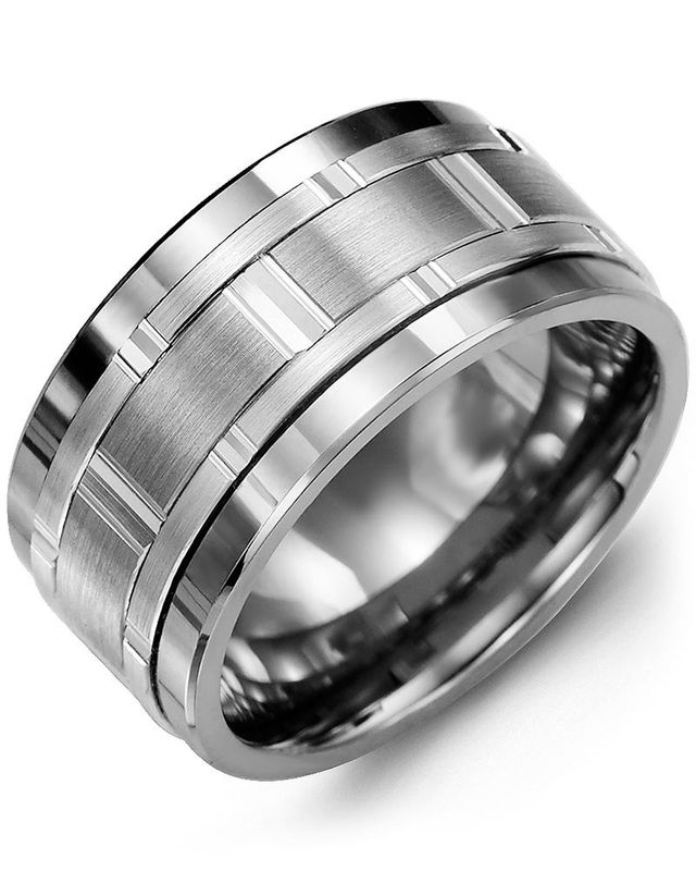 Madani Tungsten &amp; 10K White Gold Wide Vertical Cut Ring 11 mm