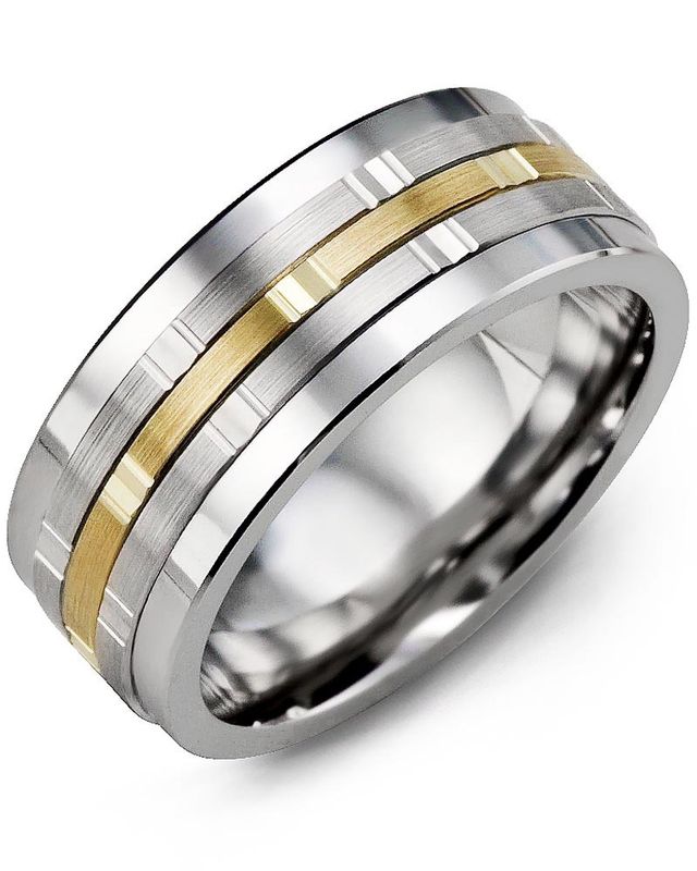 Madani Tungsten &amp; 10K White/Yellow Gold Multi-Faceted Ring 9mm