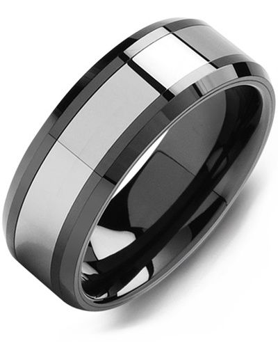 Madani Black Ceramic Bevelled Polished &amp; Tungsten Ring 8mm