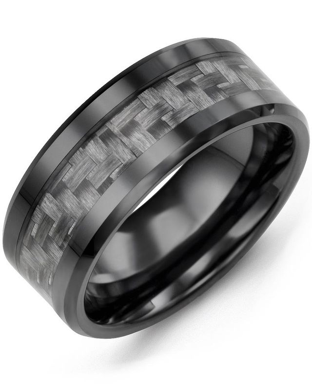 Madani Black Ceramic Bevelled &amp; Carbon Fiber Ring 9mm