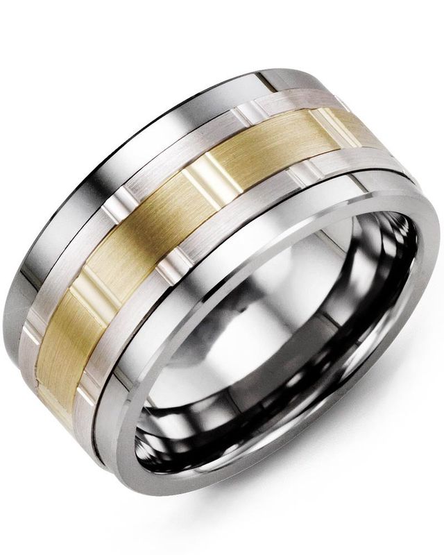 Madani Tungsten &amp; 10K White Gold Wide Vertical Cut Ring 11 mm
